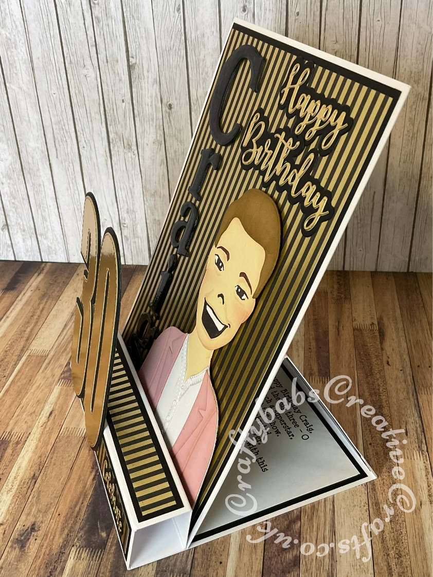 Pop up Easel Block 30th Birthday Card. Fold inspired by Sam Calcott of Mixed up craft. Made using various dies including :- Crealies Cardzz number dies, Cardmaking Magic Upper and Lower case alphabet dies, Icraft layered Happy Birthday layered sentiment dies, Gemini layered 'celebrate' sentiment dies and Karin JOan MIssees Man Brian die and stamp set. - craftybabscreativecrafts.co.uk