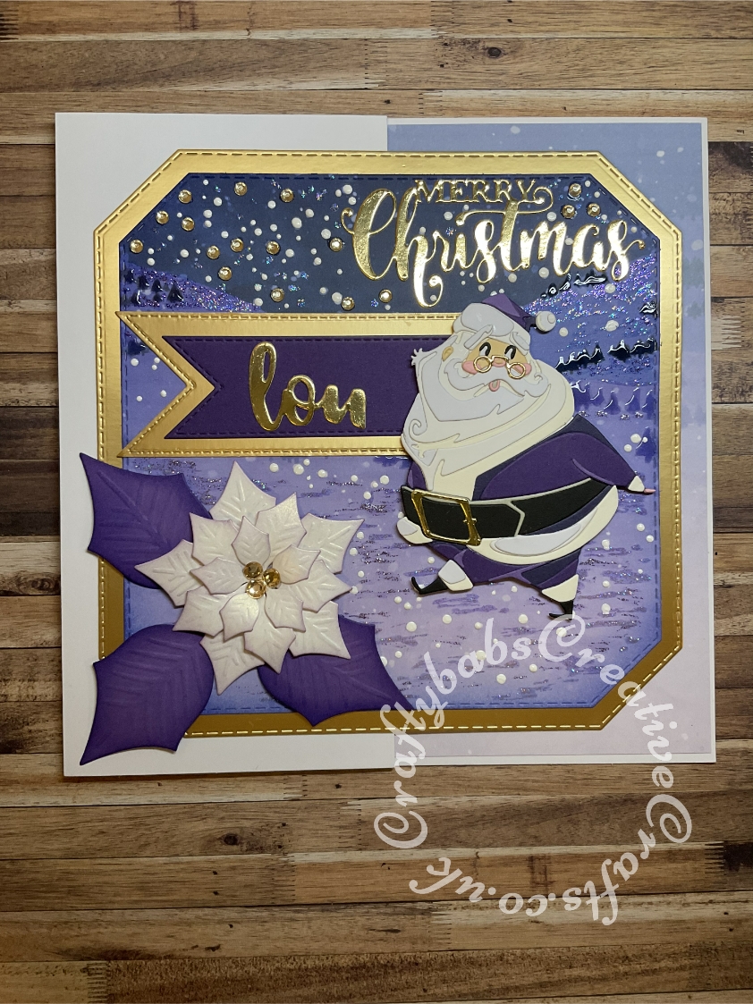 Large 8" Square Christmas card made using papers printed from the Hot Off The Press Vintage Christmas CD Rom for the background and insert, enhanced with gem stones, stickles glitter and glossy accents. Toppers made using the following dies:- Unbranded nesting Stitched octagon dies, Sizzix - Tim Holtz - Christmas - Thinlits Dies - Jolly St. Nick, unbranded stitched tag dies, Bright Rosa sentiment dies snipped to create name, Sue Wilson Mini Expressions Stacked Merry Christmas Craft Die and Spellbinders Shapeabilities Layered Poinsettia die set. - craftybabscreativecrafts.co.uk