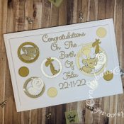 New Baby Birth Card made using the following dies; Crealies Nest-Lies Double stitch circles No 33, set of 4 Cuttlebug 2×2 Zoo animals dies, Sentimentally Yours elegance script alphabet dies. - craftybabscreativecrafts.co.uk