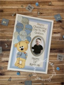 Christening and First Birthday card made using various dies including; Marianne Design Collectables Die Set: Balloons & Congrats . LR 0626, Tattered lace sentiments 2014 dies snipped to create different words, Tattered lace number dies. Nellie Snellen Multi Frame Dies - Straight Dotted Oval dies set for frame, Custom made wooden teddy bear die, unbranded stitched rectangles die for mats and layers. - craftybabscreativecrafts.co.uk