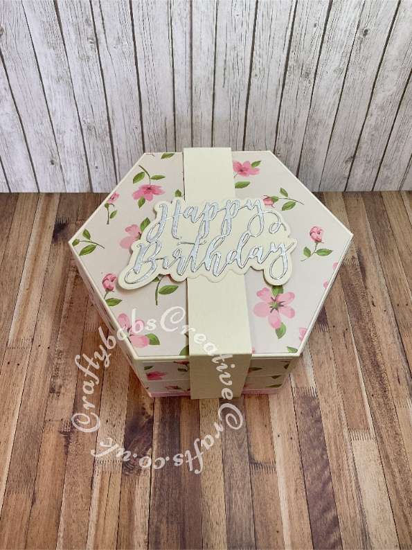 Pop Up Cake Box Card inspired by Srushti Patil https://www.youtube.com/watch?v=V53985c-_x0 made using istructions on youtube and some layered sentiment dies; Card Making Magic Die Set Happy Birthday, Creative Craft Products Die & Stamp Sets various sentiment snipped, Crealies Alfies Capital Letters & Shadows Alphabet and Quickutz Cookie cutters nesting ovals die for cake name topper. - craftybabscreativecrafts.co.uk