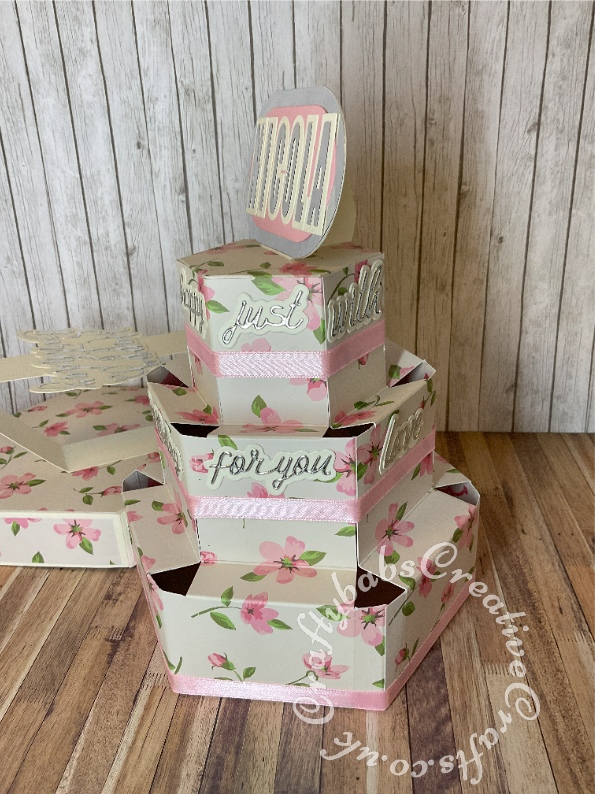 Pop Up Cake Box Card inspired by Srushti Patil https://www.youtube.com/watch?v=V53985c-_x0 made using istructions on youtube and some layered sentiment dies; Card Making Magic Die Set Happy Birthday, Creative Craft Products Die & Stamp Sets various sentiment snipped, Crealies Alfies Capital Letters & Shadows Alphabet and Quickutz Cookie cutters nesting ovals die for cake name topper. - craftybabscreativecrafts.co.uk