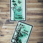 Inked background Silhouette cards for Happy Birthday made using Tim Holtz distress, Memory Box Chloe Stem and Chloe Tall stem, Memory Box Butterfly dies, Tim Holtz Wildflowers Sizzix thinlits dies 661190, and various sentiment dies. - craftybabscreativecrafts.co.uk