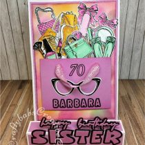Girlie themed box easel birthday card Inspired by Sam Calcott made using: Made to surprise super sliders collection shoes and handbags and make up die and stamp sets, Unbranded Alphabet dies x 2 different fonts with shadows and unbranded Happy birthday sentiment dies. - craftybabscreativecrafts.co.uk