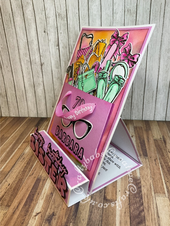 Girlie themed box easel birthday card Inspired by Sam Calcott made using: Made to surprise super sliders collection shoes and handbags and make up die and stamp sets, Unbranded Alphabet dies x 2 different fonts with shadows and unbranded Happy birthday sentiment dies. - craftybabscreativecrafts.co.uk