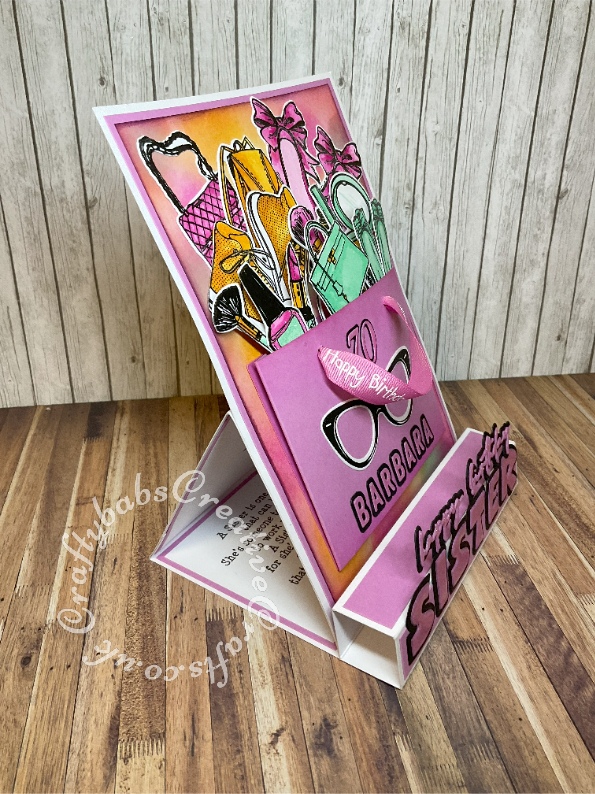 Girlie themed box easel birthday card Inspired by Sam Calcott made using: Made to surprise super sliders collection shoes and handbags and make up die and stamp sets, Unbranded Alphabet dies x 2 different fonts with shadows and unbranded Happy birthday sentiment dies. - craftybabscreativecrafts.co.uk