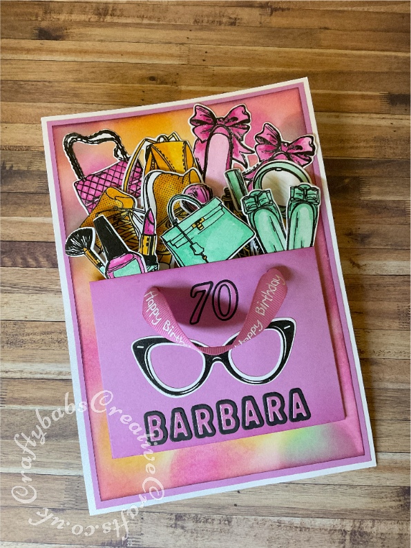 Girlie themed box easel birthday card Inspired by Sam Calcott made using: Made to surprise super sliders collection shoes and handbags and make up die and stamp sets, Unbranded Alphabet dies x 2 different fonts with shadows and unbranded Happy birthday sentiment dies. - craftybabscreativecrafts.co.uk