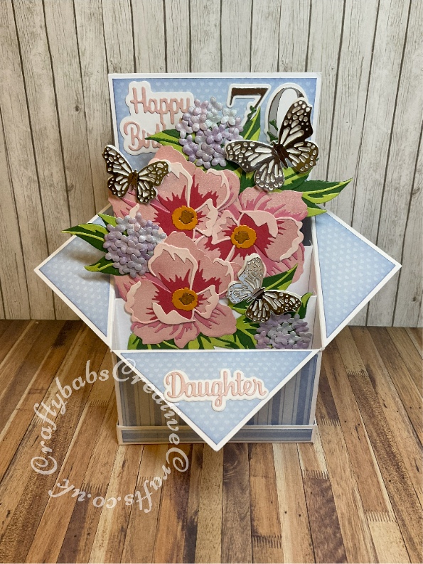 Extra Large Pop up box card made using various dies including: AlteNew Peony Dream 3D Die Set, Spellbinders Shapeabilities Die D-Lites-Hydrangea, Bright Rosa butterfly border dies, The Paper Boutique sentiment dies and Carnation Crafts Not Just a Number Die Set.- craftybabscreativecrafts.co.uk