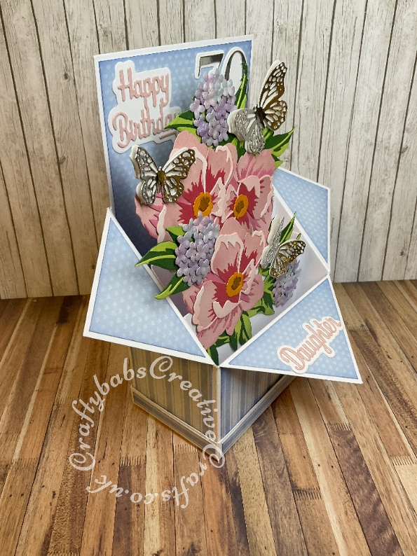 Extra Large Pop up box card made using various dies including: AlteNew Peony Dream 3D Die Set, Spellbinders Shapeabilities Die D-Lites-Hydrangea, Bright Rosa butterfly border dies, The Paper Boutique sentiment dies and Carnation Crafts Not Just a Number Die Set.- craftybabscreativecrafts.co.uk