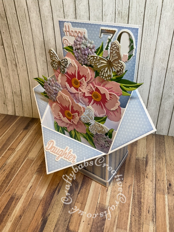 Extra Large Pop up box card made using various dies including: AlteNew Peony Dream 3D Die Set, Spellbinders Shapeabilities Die D-Lites-Hydrangea, Bright Rosa butterfly border dies, The Paper Boutique sentiment dies and Carnation Crafts Not Just a Number Die Set.- craftybabscreativecrafts.co.uk