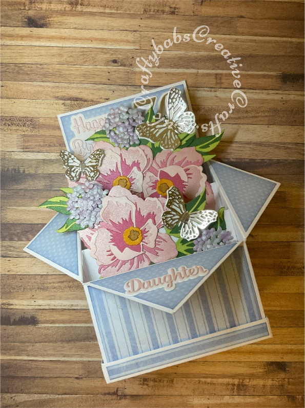Extra Large Pop up box card made using various dies including: AlteNew Peony Dream 3D Die Set, Spellbinders Shapeabilities Die D-Lites-Hydrangea, Bright Rosa butterfly border dies, The Paper Boutique sentiment dies and Carnation Crafts Not Just a Number Die Set.- craftybabscreativecrafts.co.uk