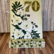Floral Block easel card made using various dies including : Heartfelt Creations Botanic Orchid dies dies, Tattered Lace Hand Drawn Alphabet Upper case Die Set, foliage dies from Sizzix Thinlits Bloom die set and Spellbinders Stitched Numbers dies.- craftybabscreativecrafts.co.uk