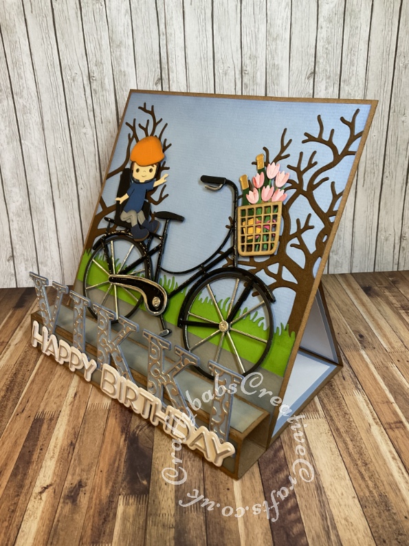 Large Personalised 8" x 8" Square box easel card made using various dies including: Spellbinders Big Bicycle by Bibi Cameron, Unbranded child die set ( from horse riding set ), Xcut A5 Die Set (15pcs) - Family Tree, Spellbinders large die of the month May 2022 for 'Happy Birthday', X-Cut Grass border die and Card Making Magic Upper case alphabet and overlay dies. - craftybabscreativecrafts.co.uk