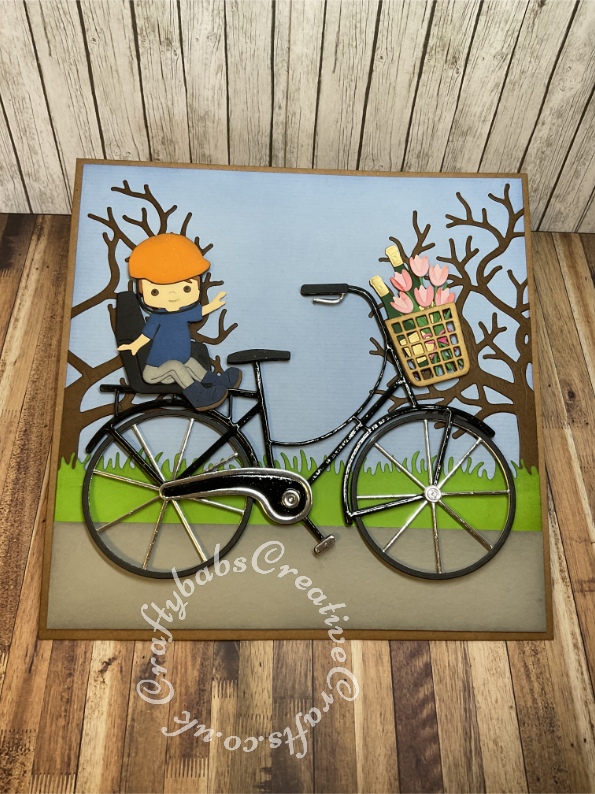 Large Personalised 8" x 8" Square box easel card made using various dies including: Spellbinders Big Bicycle by Bibi Cameron, Unbranded child die set ( from horse riding set ), Xcut A5 Die Set (15pcs) - Family Tree, Spellbinders large die of the month May 2022 for 'Happy Birthday', X-Cut Grass border die and Card Making Magic Upper case alphabet and overlay dies. - craftybabscreativecrafts.co.uk
