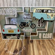 Showstopper Birthday card made using various dies including:- Made To Surprise 5x7 Tentfold Showstopper card die set, All Occasion dies Classic Motorbike dies set, All Occaision dies Camper van Dies set, MFT Mini Car die set, The Paper Boutique sentiment dies, Spellbinders Stitched numbers dies and Studio Light Essentials STENCILSA390 Alphabet dies.